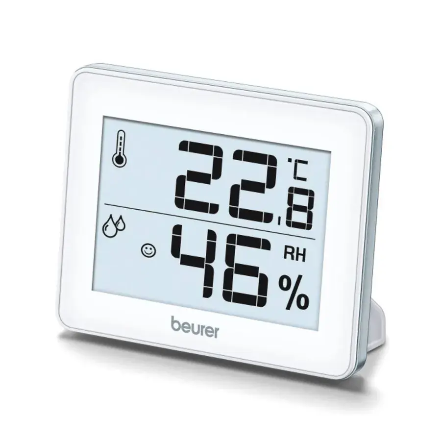 Hvidt Beurer hygrometer med digitalt display, der viser 22,8 °C og 46 % relativ luftfugtighed