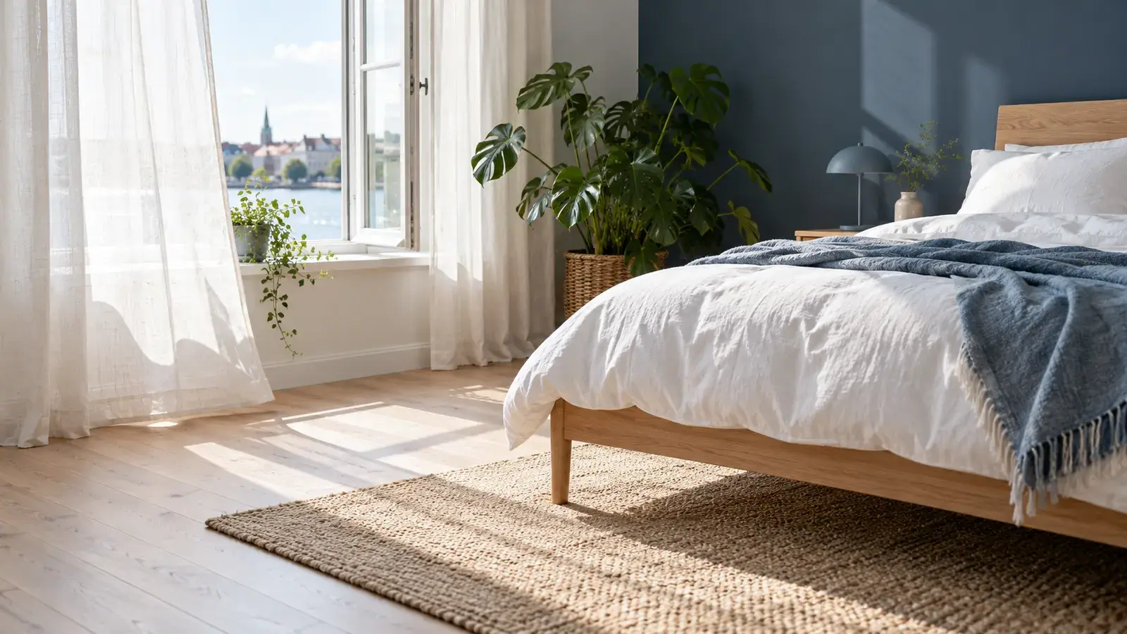 Nyredt seng med hvid dyne og pude på en ramme af lyst egetræ med ben, et vindue på klem med let gardin og et glat trægulv i morgenlys